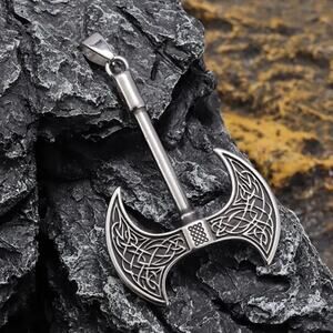 Men's Viking Axe Pendant Necklace Silver Tone Celtic Knot Double Blade Norse